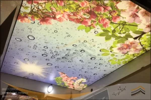 سقف کشسان چاپی شکوفه های بهاری و ابر و آسمان